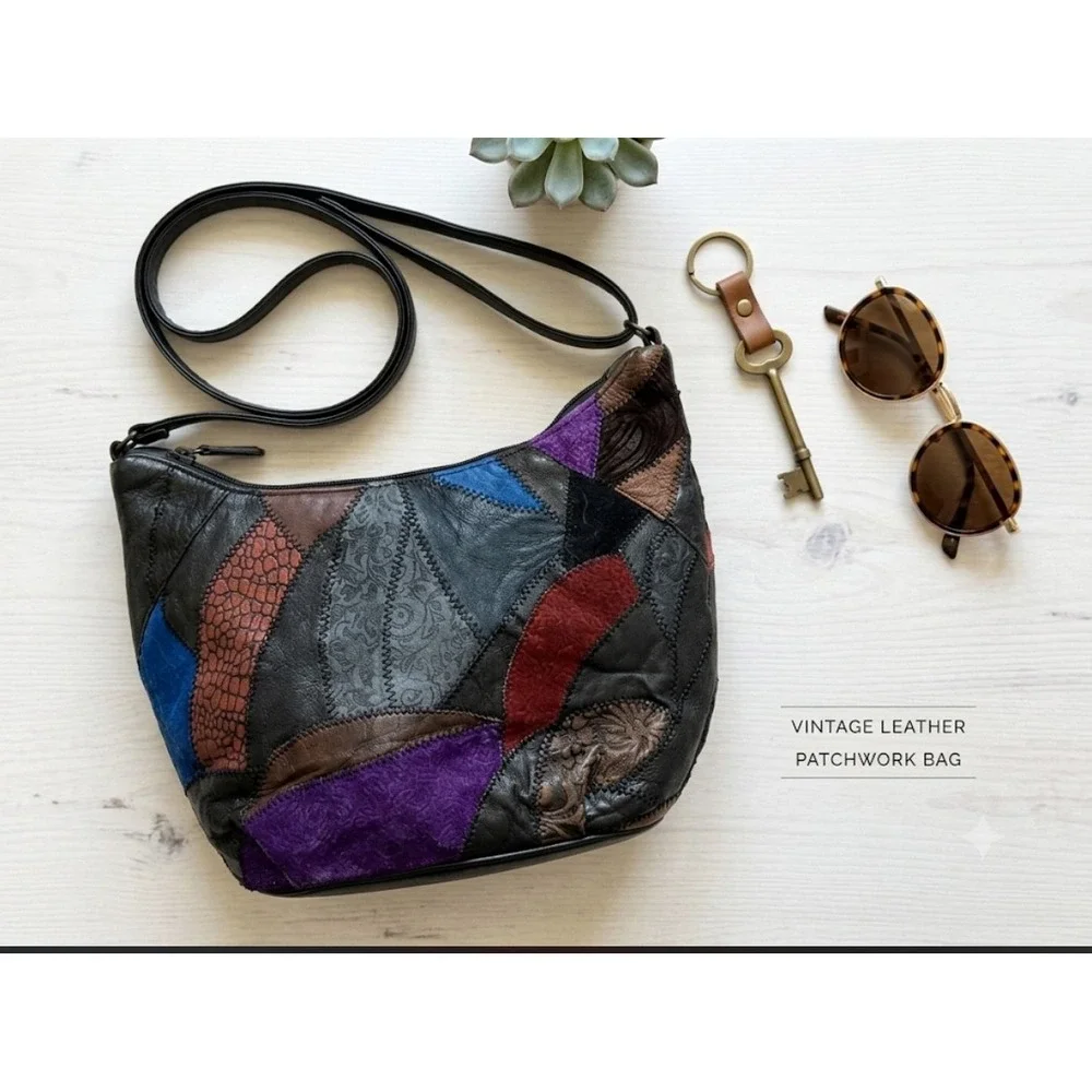 Vintage Leather Patchwork Crossbody Bag Multi Color Textured Hobo Shoulder Bag